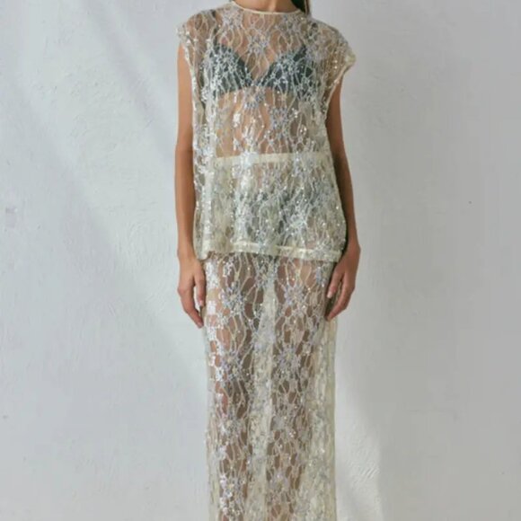 Sheer 2-Piece Top & Skirt Set White & Silver - Picture 2 of 3